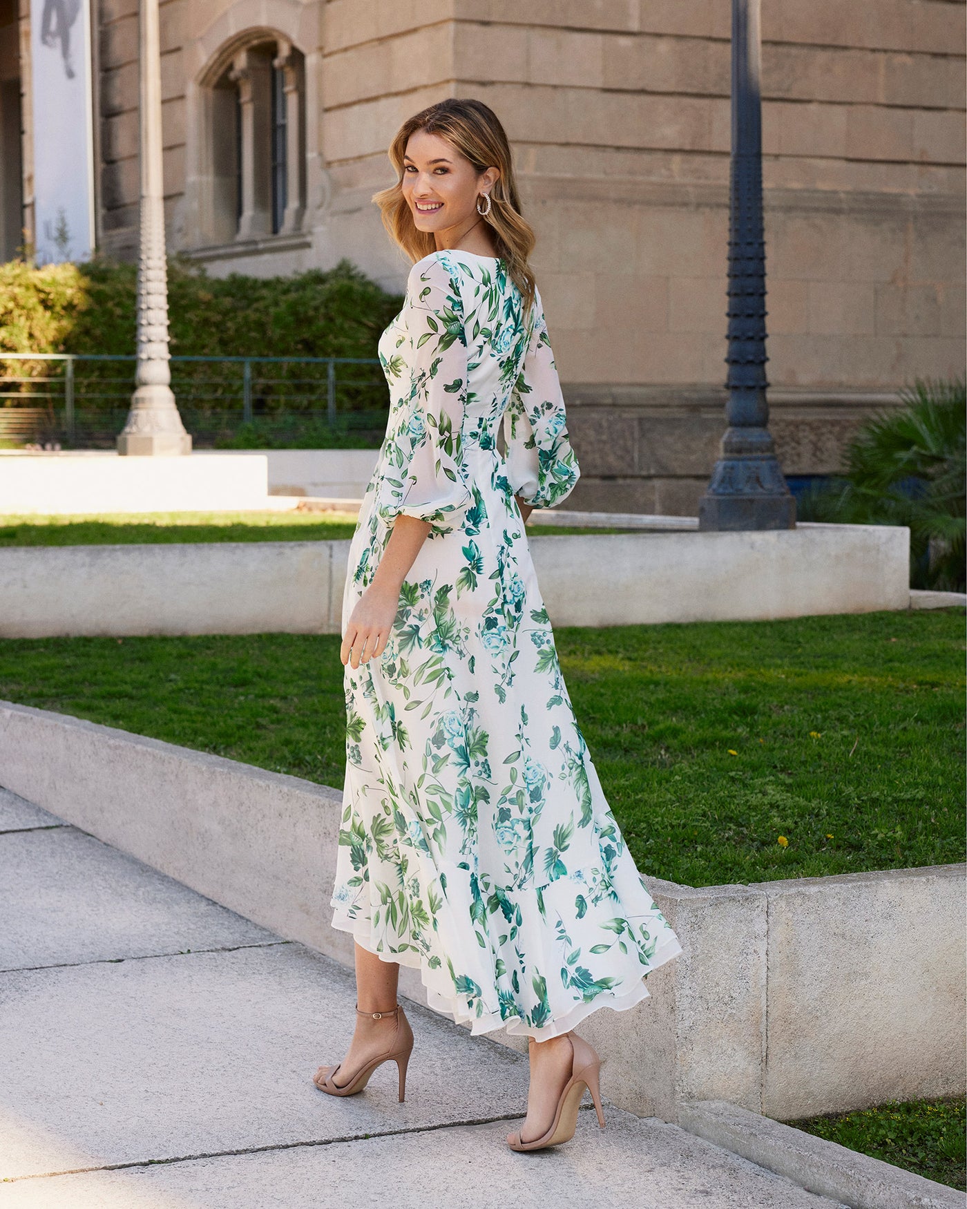 Ivory and Emerald Green Dress with Floral Print