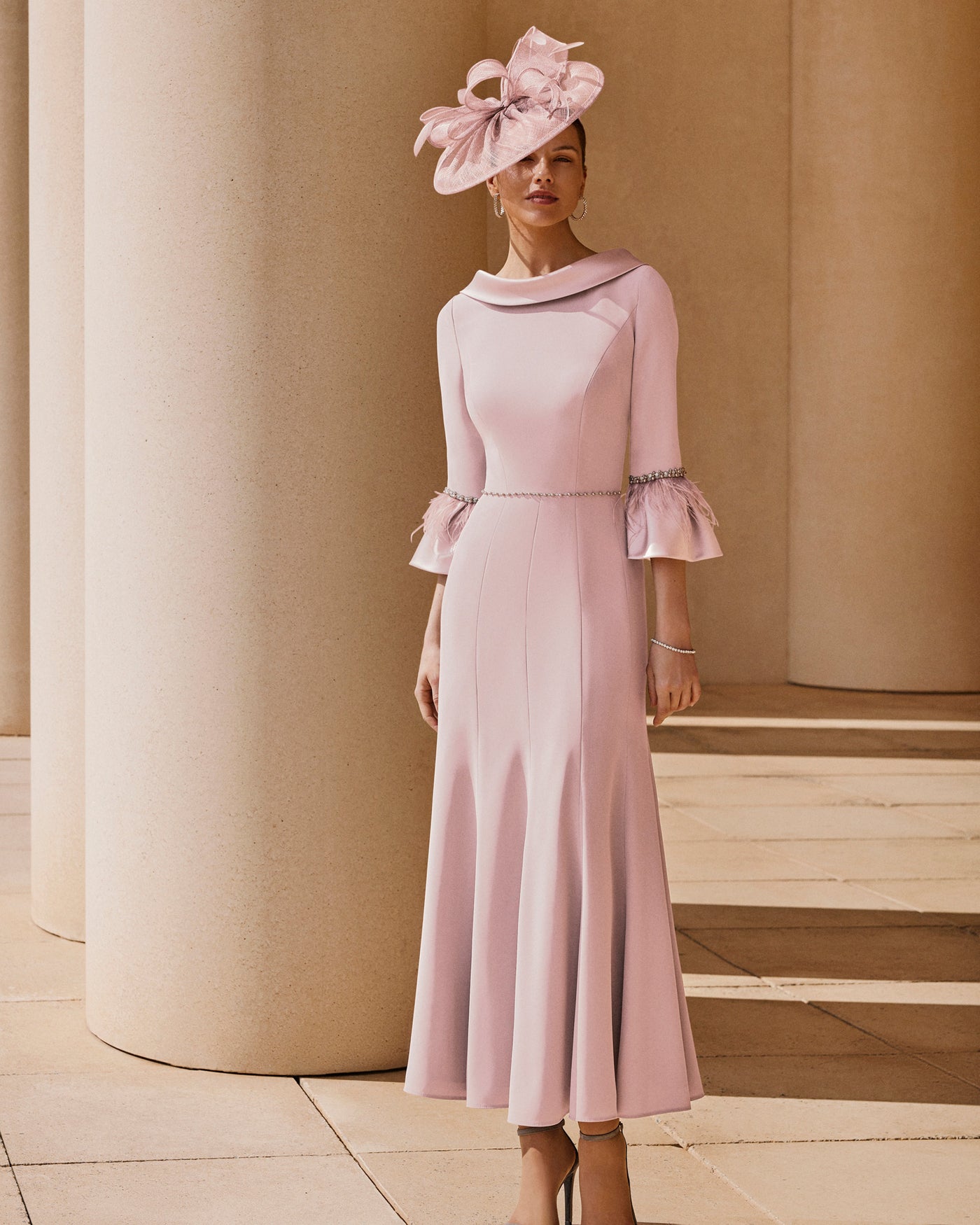Soft Pink Dress With Beaded Detail & Feather Bell Sleeves