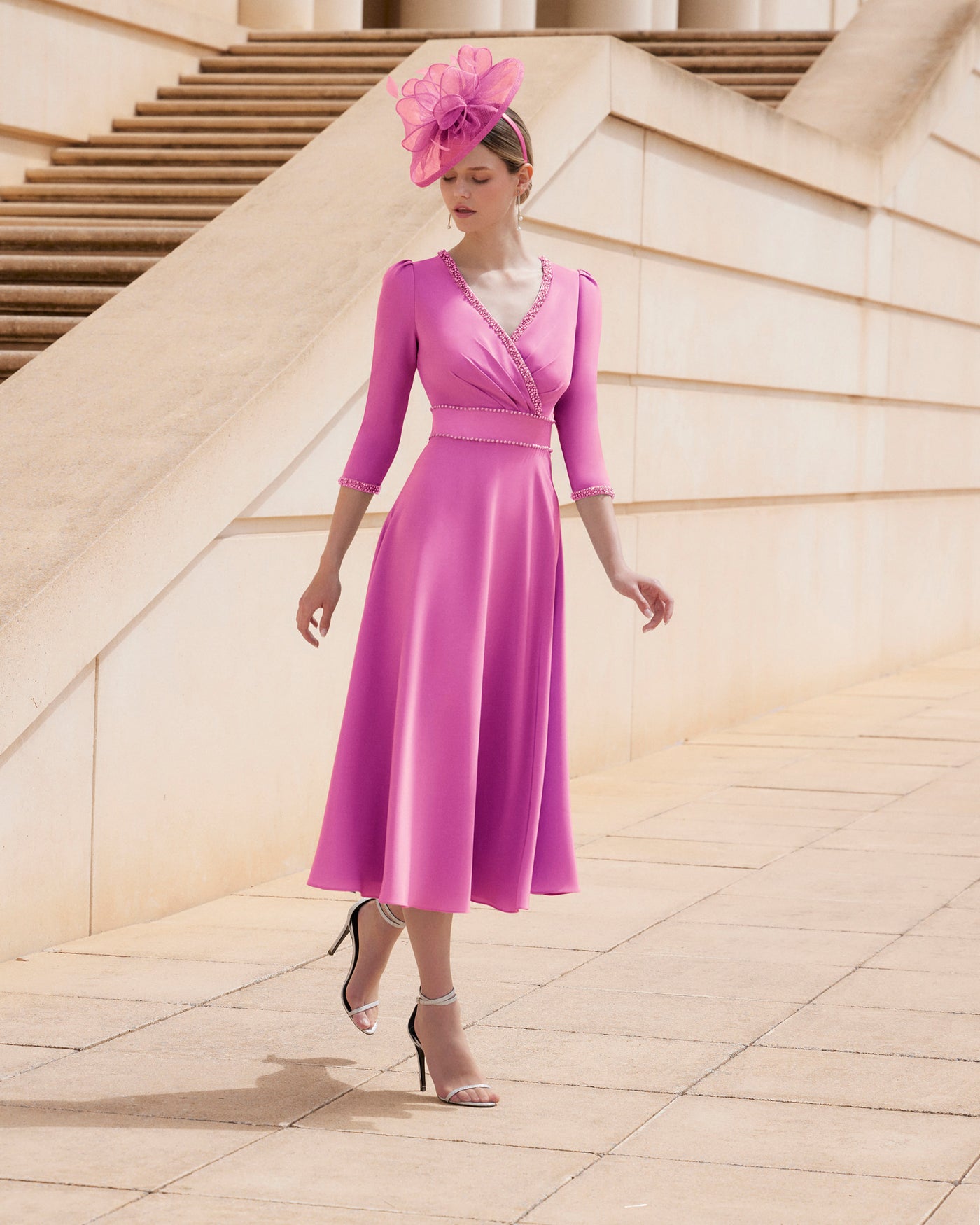 Magenta V-Neck Dress with Pearl Detail