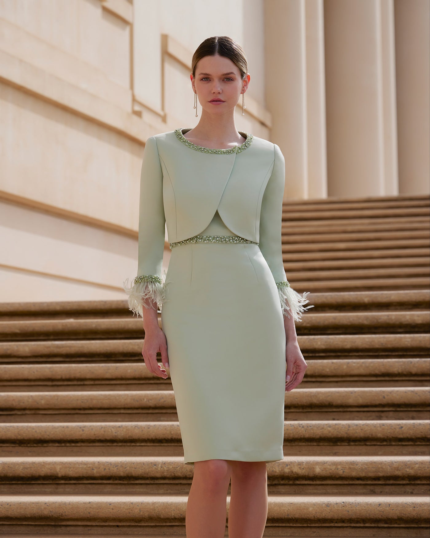 Mint 2-Piece Dress and Bolero With Beaded & Feather Detail