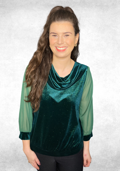 Forest Green Glitter Cowl Neck Top with Sheer Sleeves
