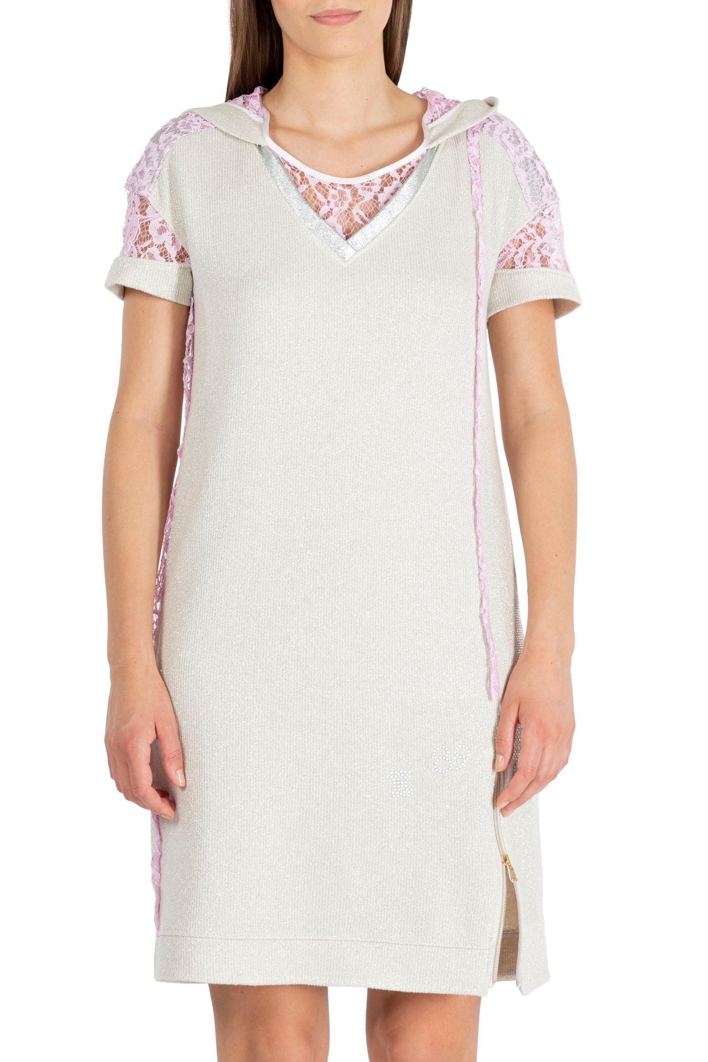 Champagne Hooded Dress with Lace and Diamanté Detail