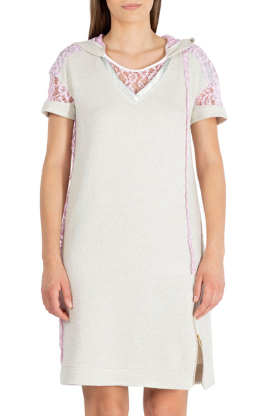 Champagne Hooded Dress with Lace and Diamanté Detail