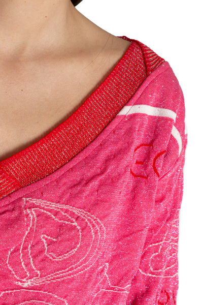 Red and Pink Multiprint Knit Jumper with V-Neck