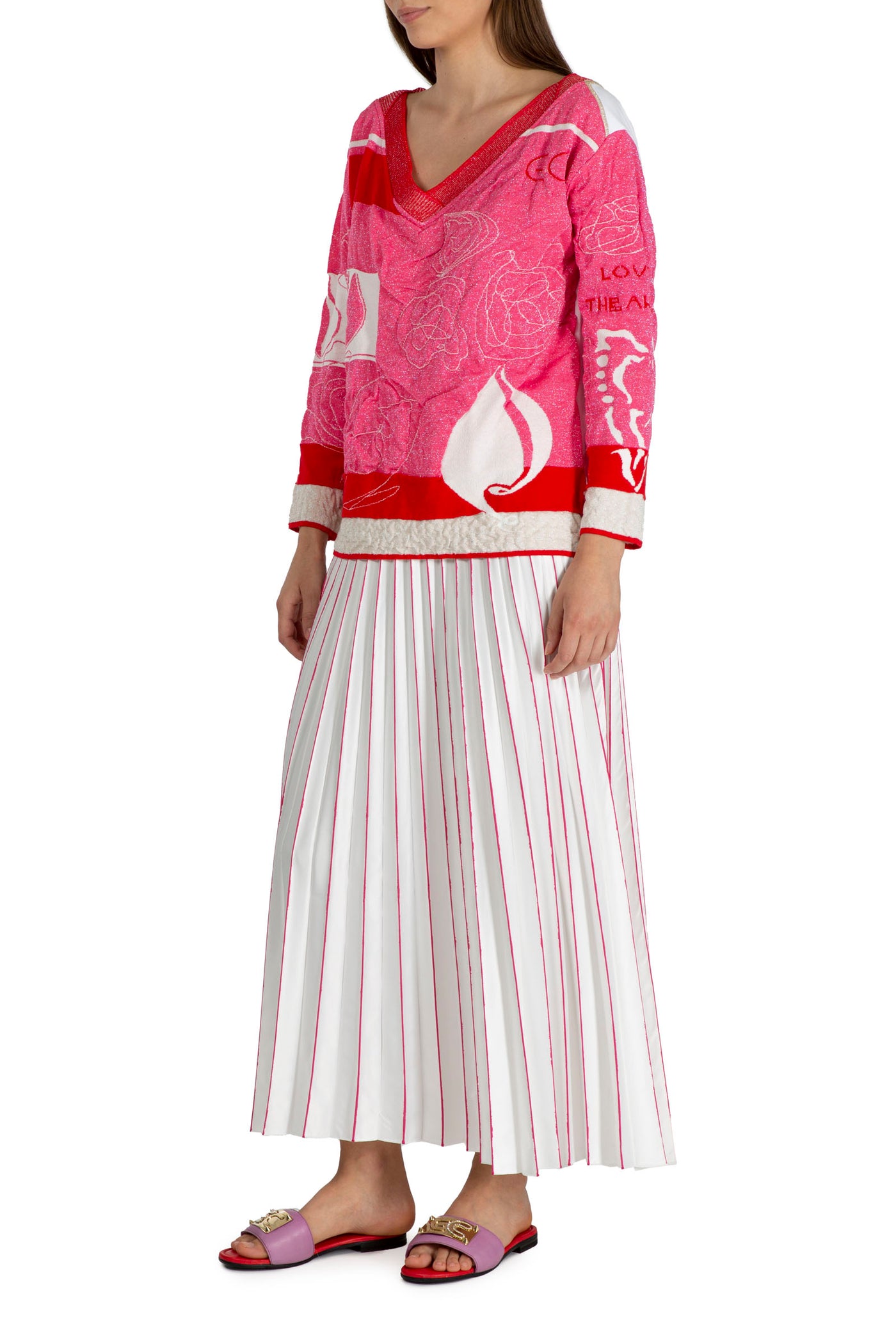 Red and Pink Multiprint Knit Jumper with V-Neck