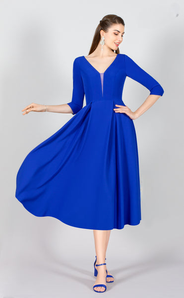 royal blue dress with shawl Inspire Chic Office Work Dress for Women's Shawl Collar Belt Pleated Midi Dresses S Royal Blue, Size: Small