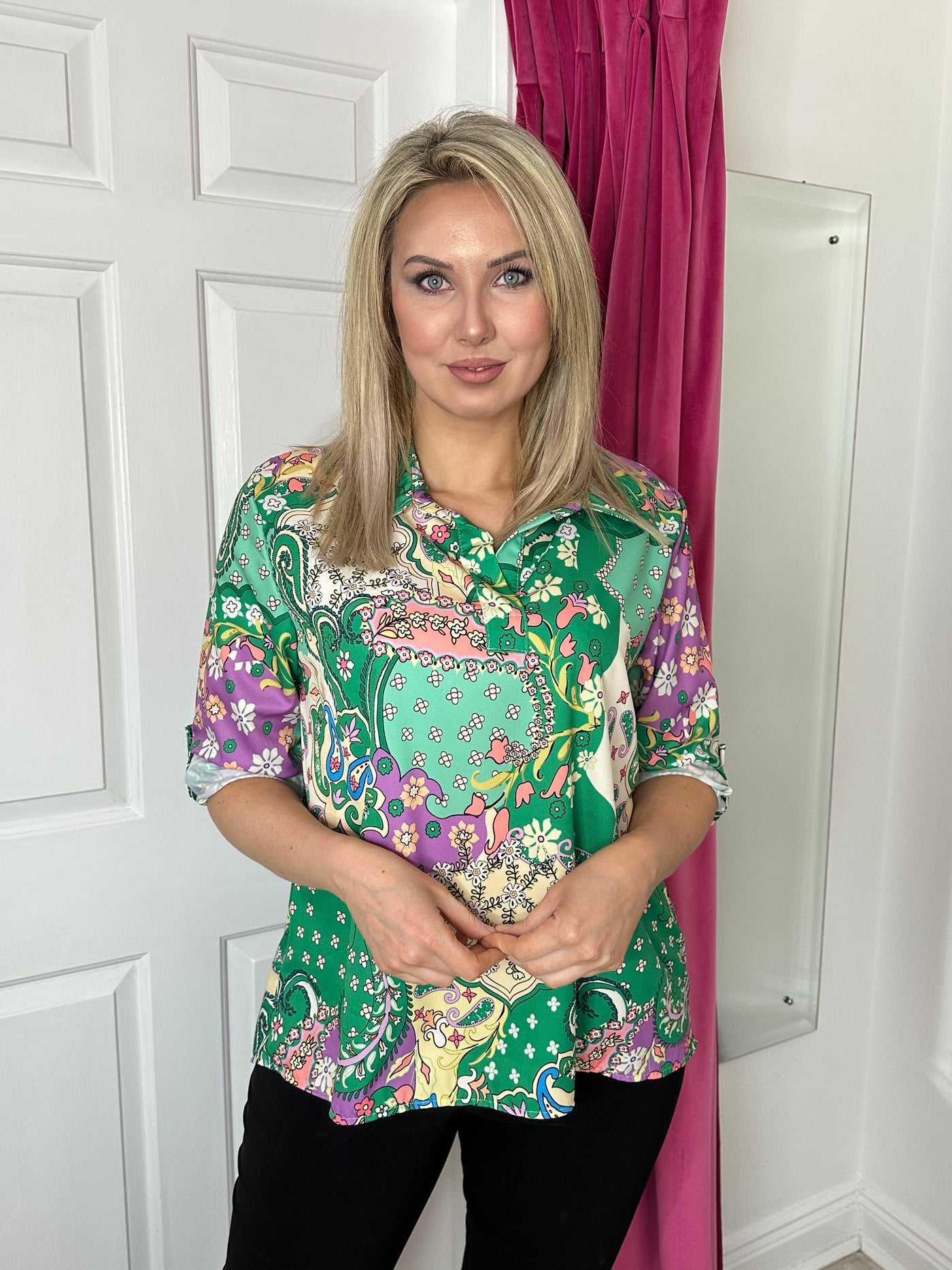 Multicoloured Floral Print Top with Turn-up Sleeve