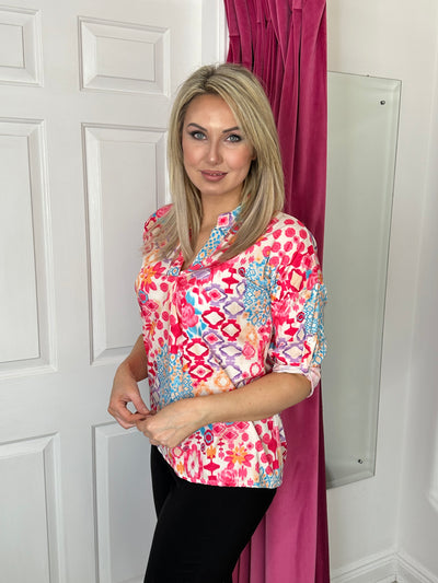 Multicoloured Top with Turn-Up Sleeve and V Neck