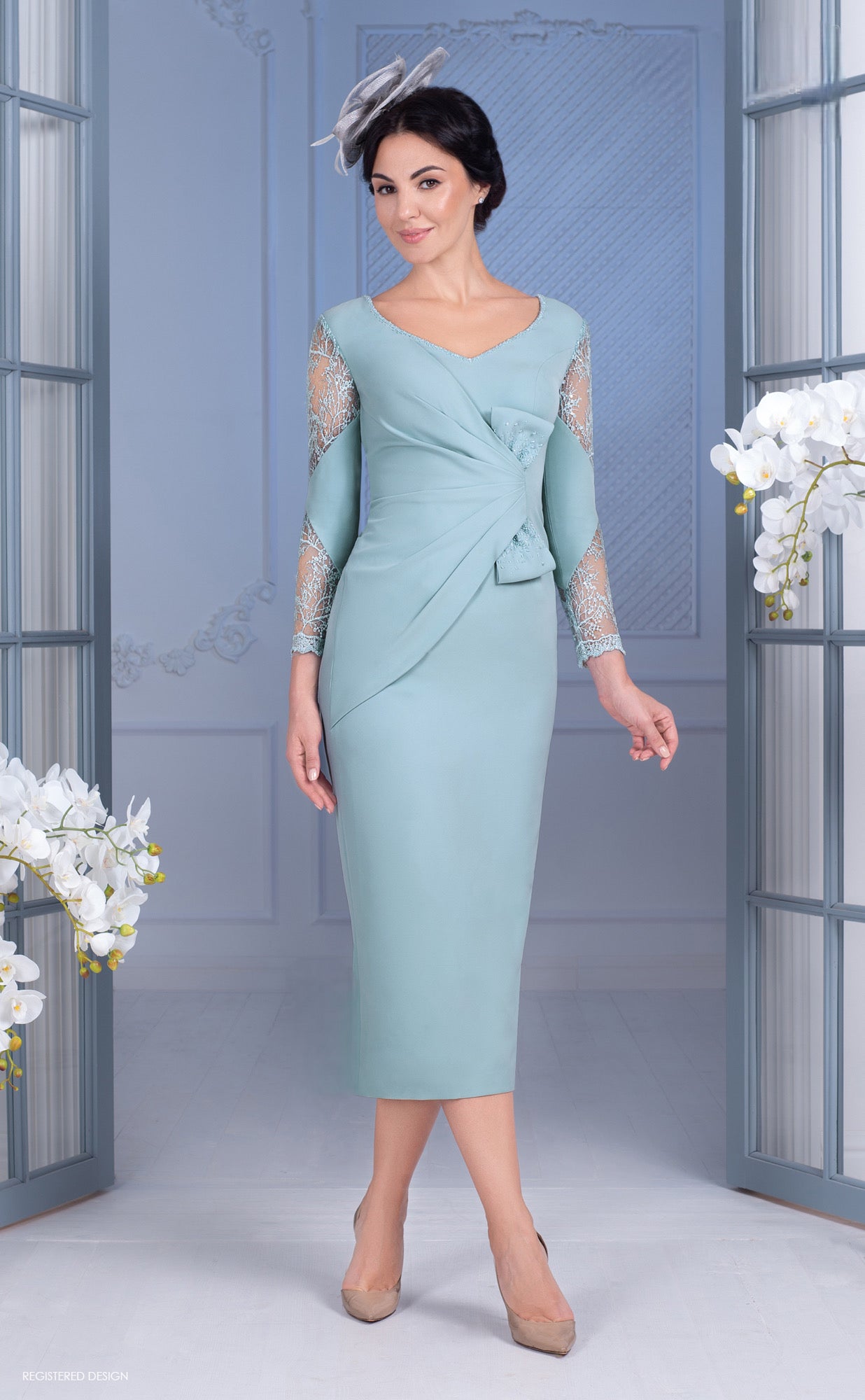 Dusty Blue Dress with Bow and Lace Detail
