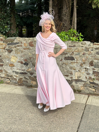 Pale Pink Dress with 3/4 Sleeves and Diamante Button Detail