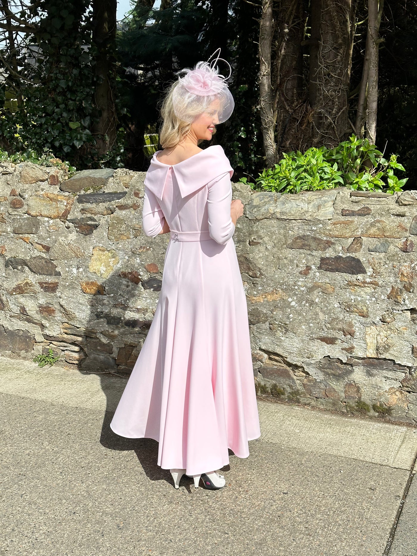 Pale Pink Dress with 3/4 Sleeves and Diamante Button Detail