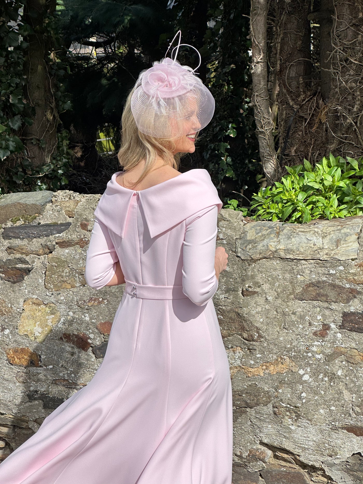 Pale Pink Dress with 3/4 Sleeves and Diamante Button Detail