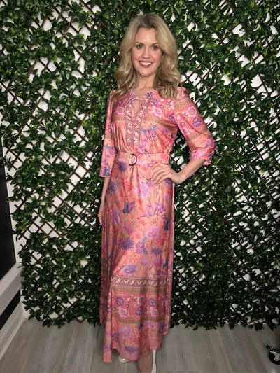 Pink Floral Design Dress with V-Neck and 3/4 Sleeve