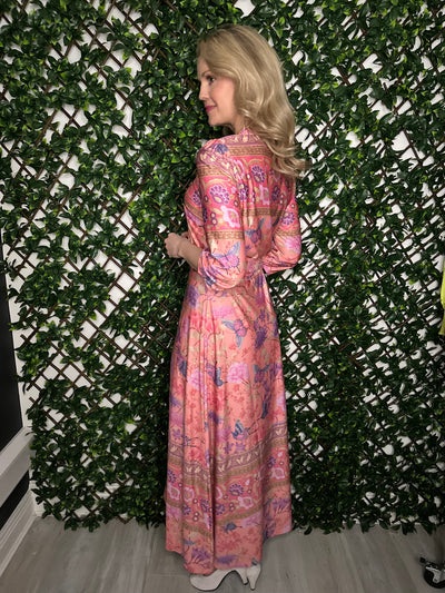 Pink Floral Design Dress with V-Neck and 3/4 Sleeve
