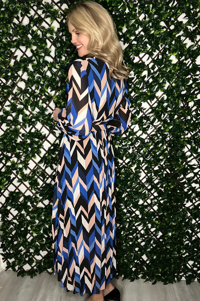 Navy/Blue Printed Maxi Dress With Elasticated Waist and Belt