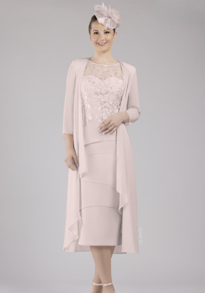 Blush Dress with Layered Skirt and Sheer Coat