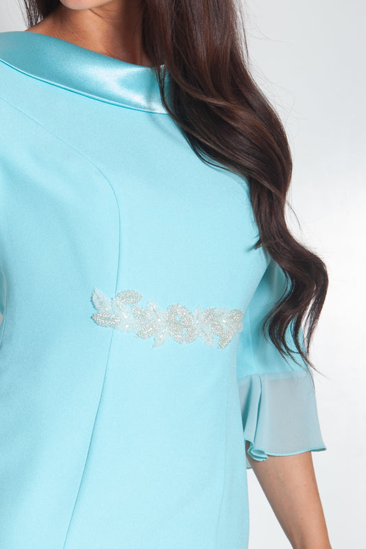 Mint-Blue Cowl Neck Dress with Front Embellishment