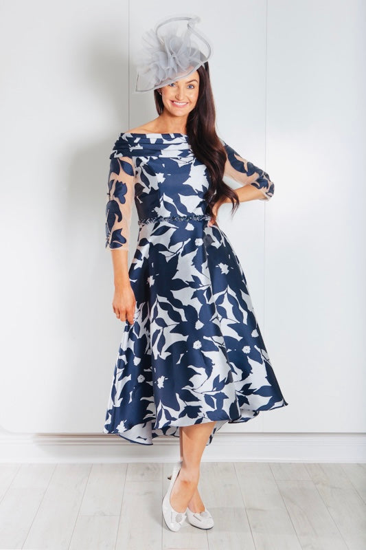 Navy & Silver Long Floral Pattern Dress With Diamond Detail