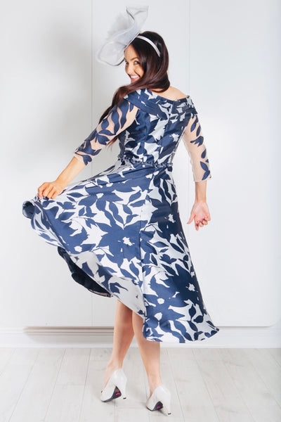 Navy & Silver Long Floral Pattern Dress With Diamond Detail