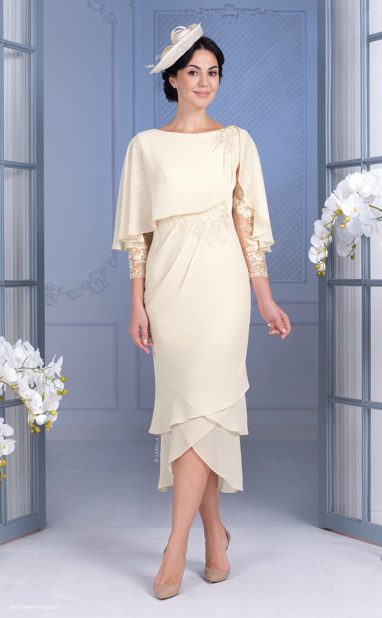 Champagne Dress With Lace Sleeve & Waist Embellishment