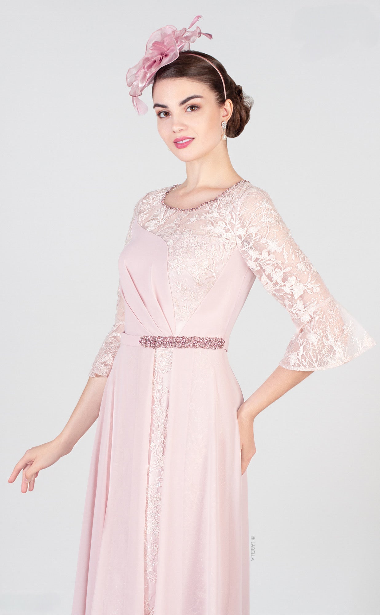 Dusty Rose Dress with Lace Detail and Diamante Belt