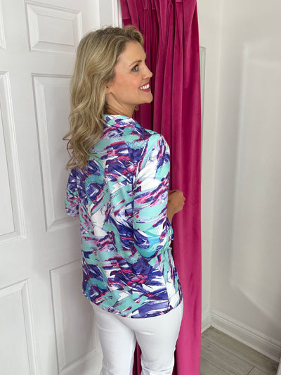 Multicoloured Blouse with 3/4 Sleeve and Ruching Detail