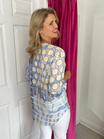 Pale Blue Blouse with Graphic Print and Diamante Detail