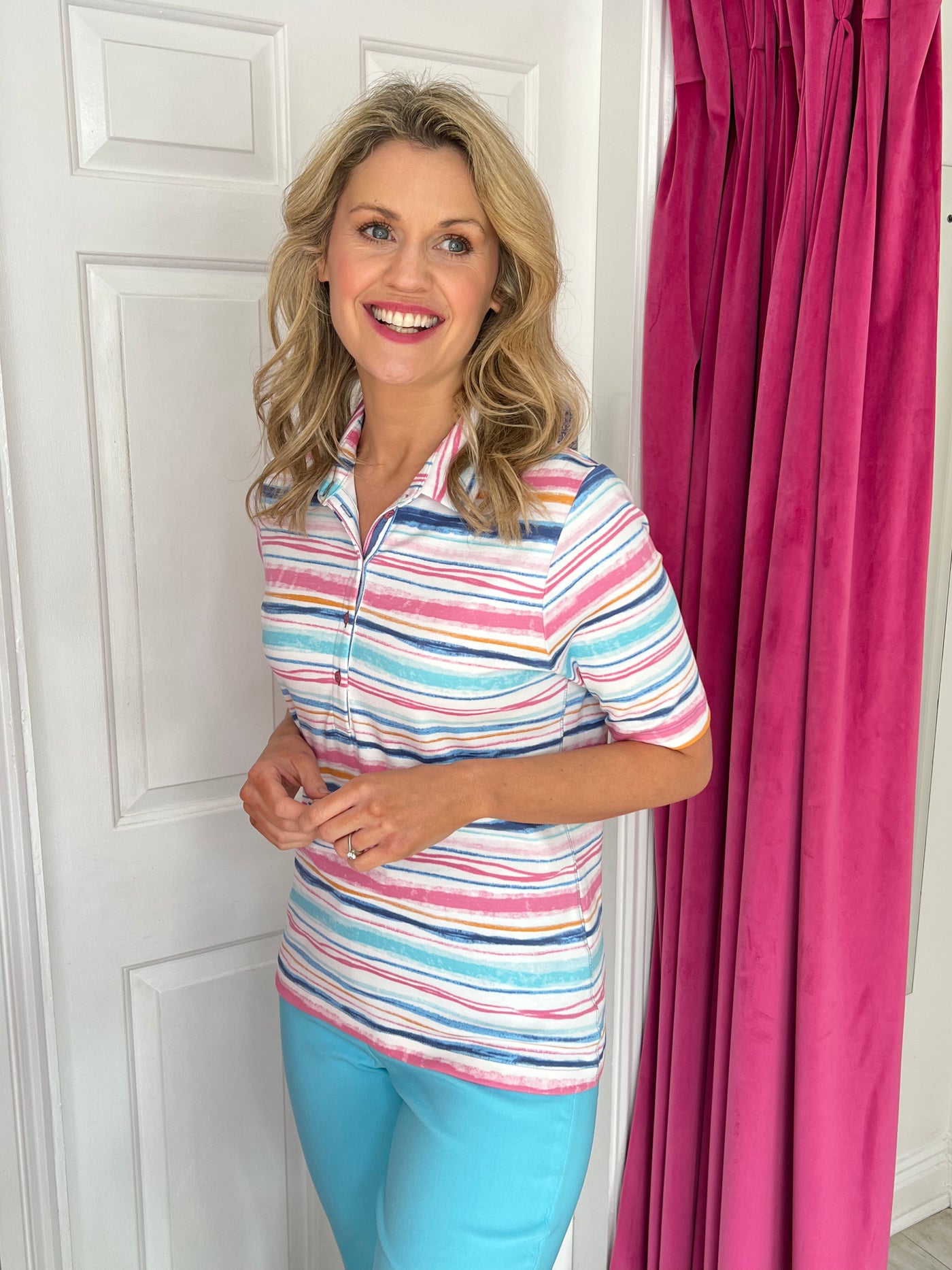 Multicoloured Striped Top with Button Detail