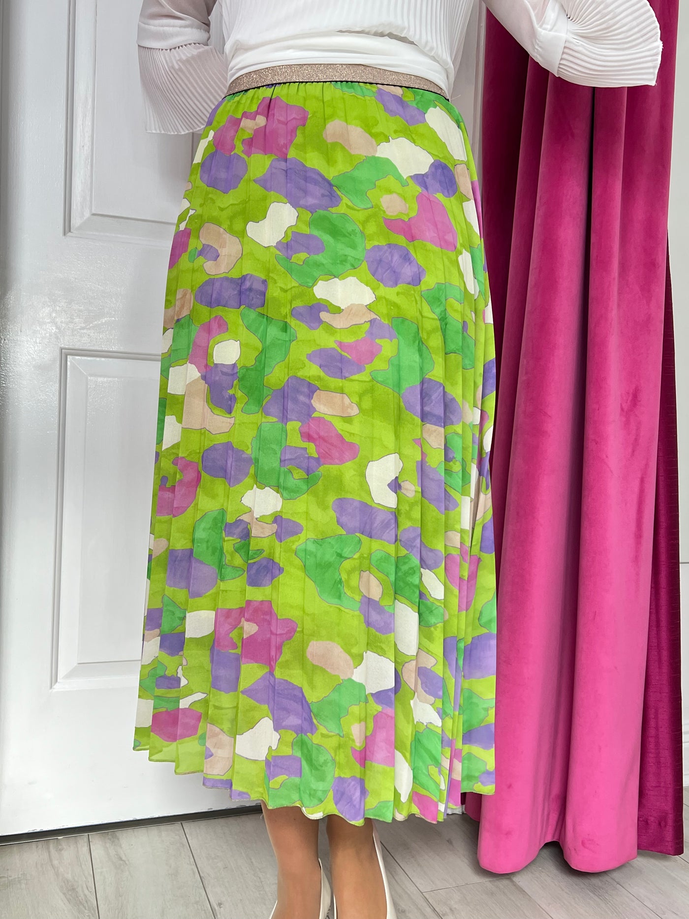 Lime Green Printed Pleated Skirt with Glitter Waist Band