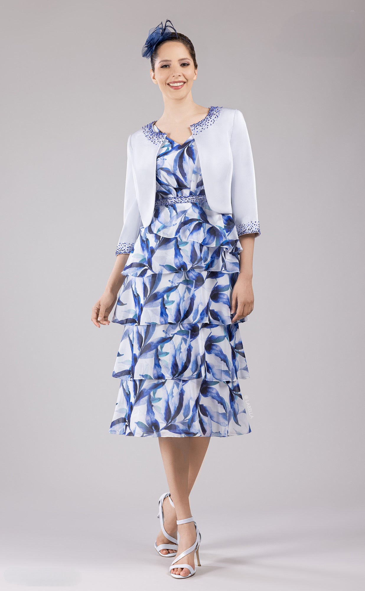 2 Piece Dress with Royal Blue Print and Bolero Style Jacket