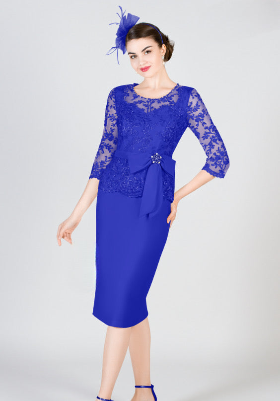 Royal Blue Dress with Sheer Sleeves and Floral Bead Detail