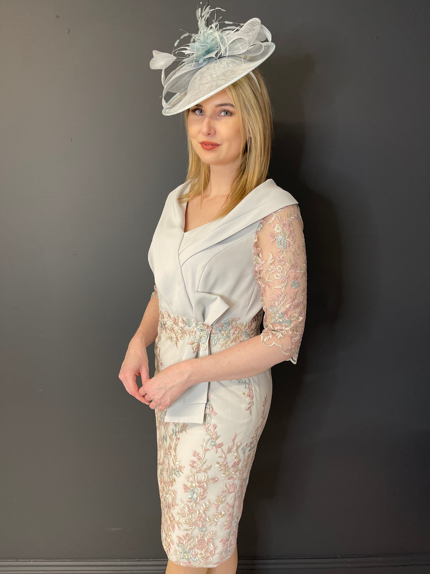 Grey Dress With Floral Lace Detail