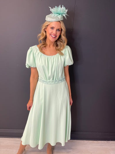 Mint Dress With Puff Sleeves and Belt