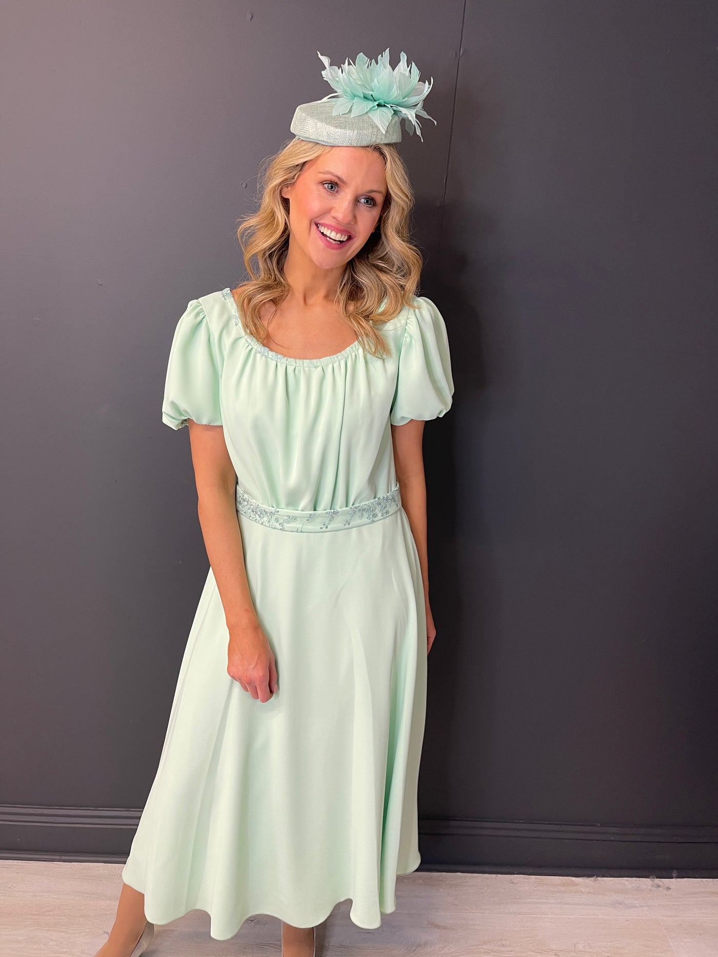 Mint Dress With Puff Sleeves and Belt