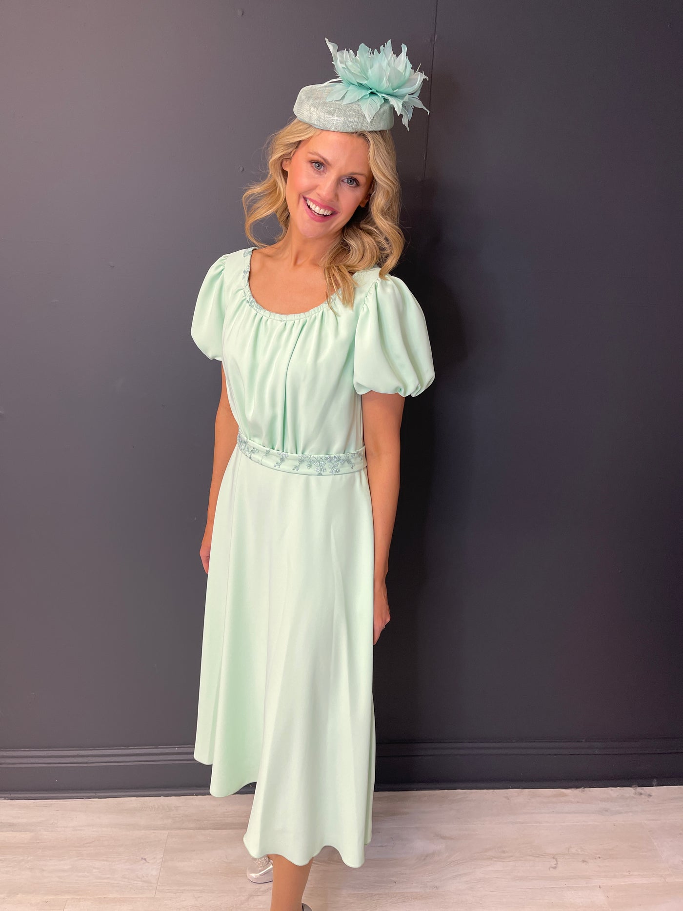 Mint Dress With Puff Sleeves and Belt