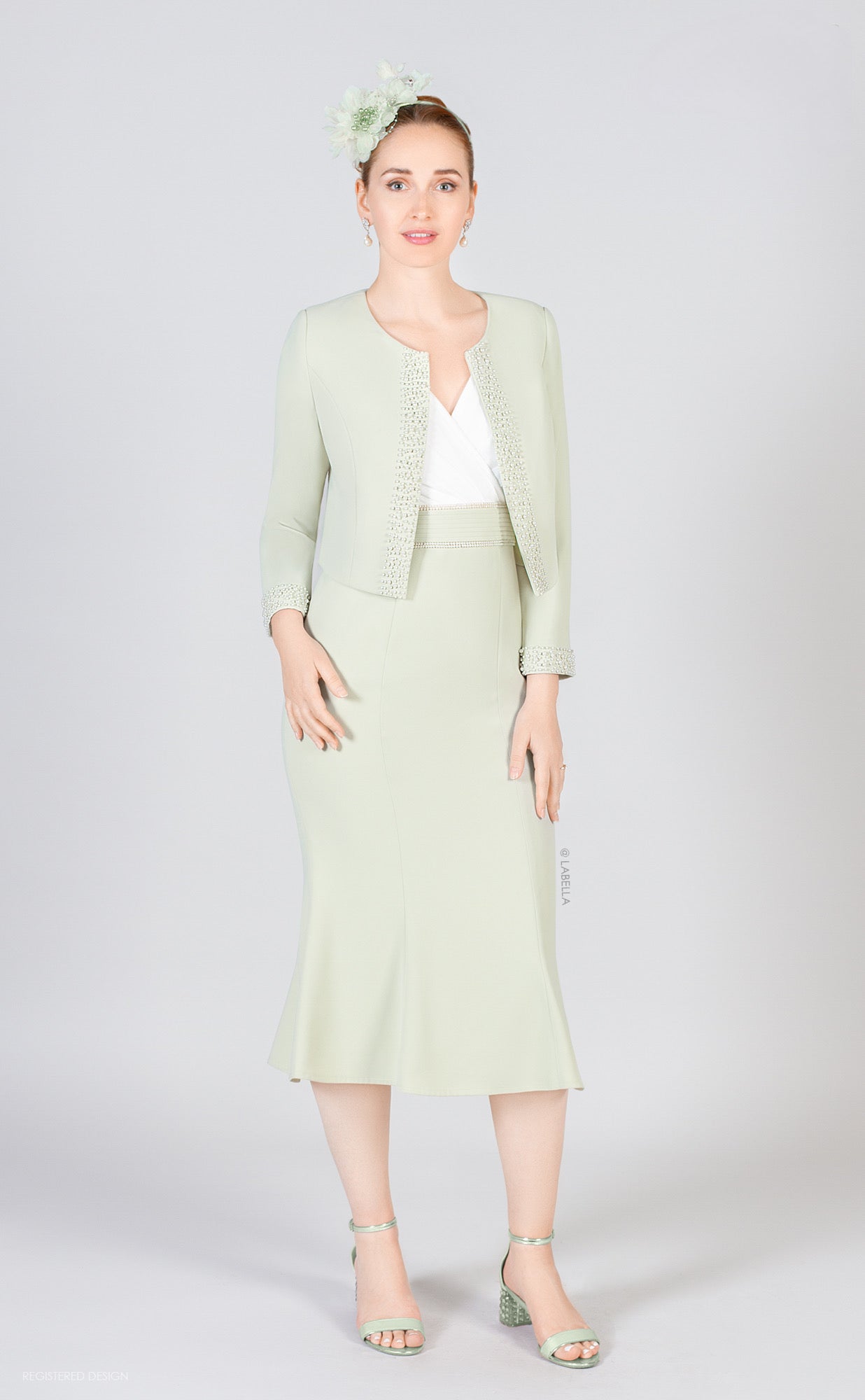 2 Piece Sage Green Dress & Bolero With Beaded Detail