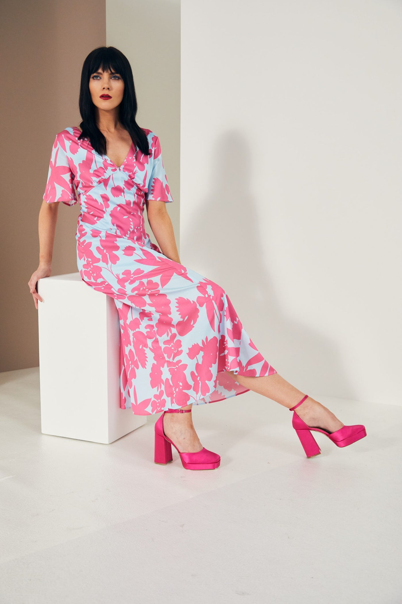 Pink and Blue Floral Print Dress with V-Neck and Cutout Back