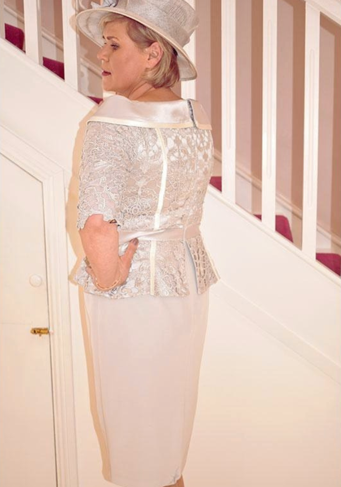 Silver/Ivory Lace Dress with Brooch