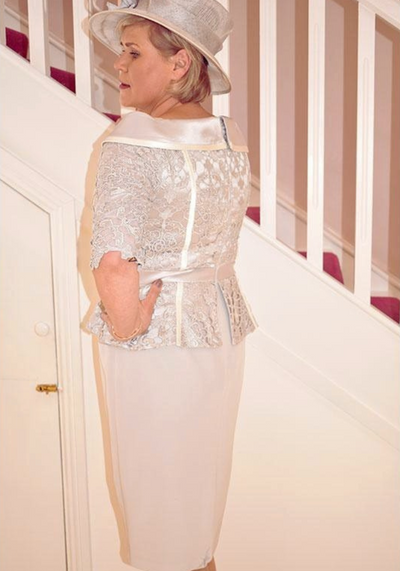 Silver/Ivory Lace Dress with Brooch