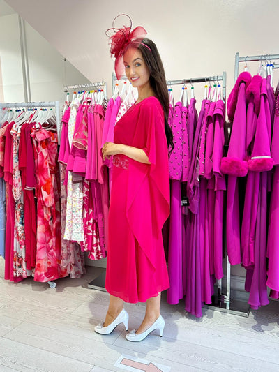Fuchsia Dress with Long Waterfall Sleeves and Diamante Detail