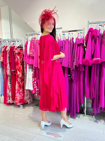 Fuchsia Dress with Long Waterfall Sleeves and Diamante Detail