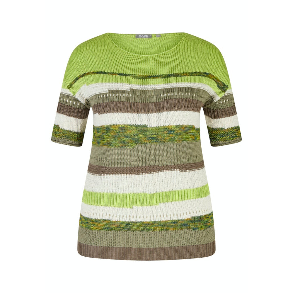 Lime Multicoloured Striped Knit Top with Short Sleeves
