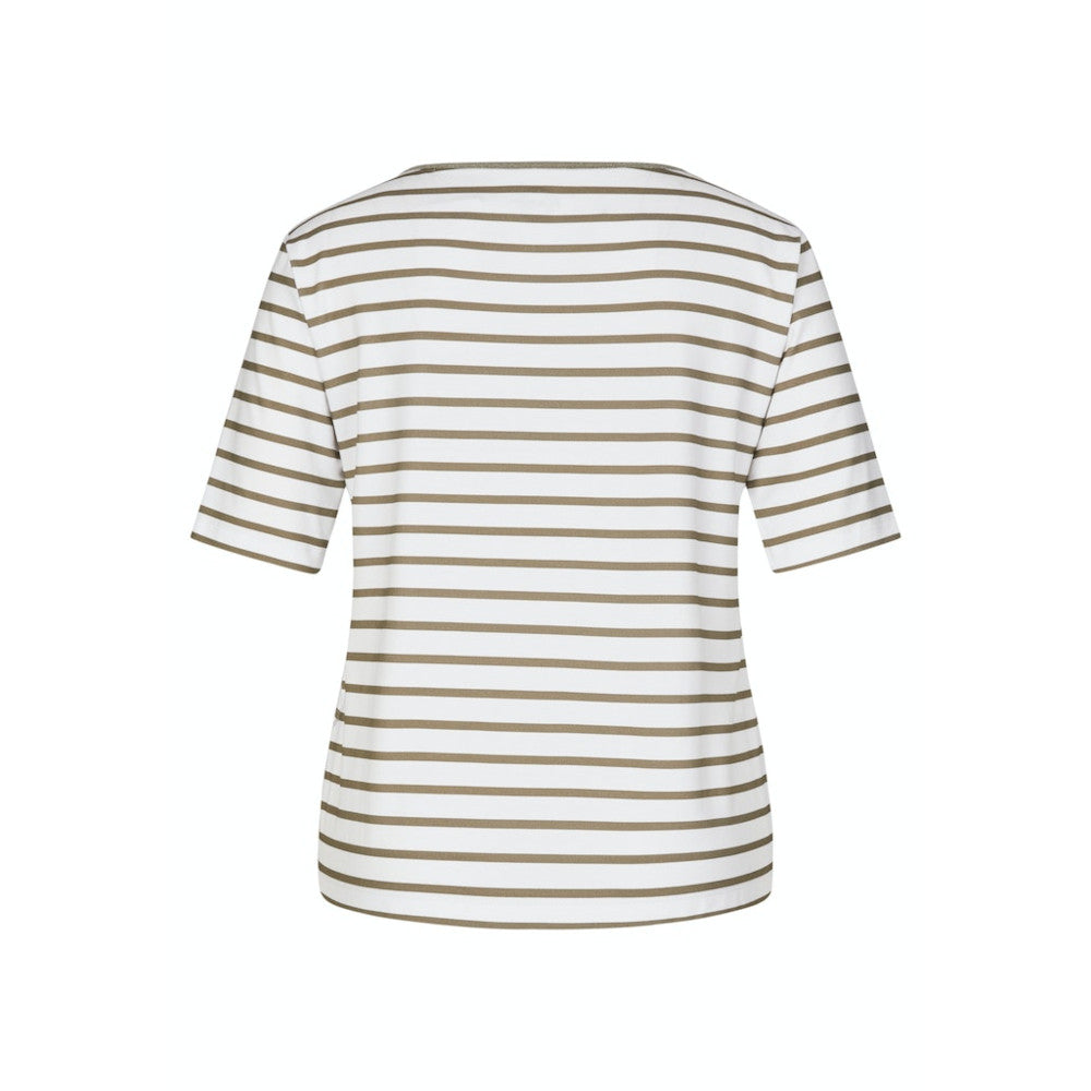 Khaki Striped T-Shirt with Round Neck and Graphic Design