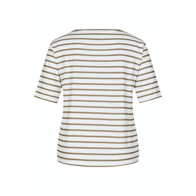 Khaki Striped T-Shirt with Round Neck and Graphic Design