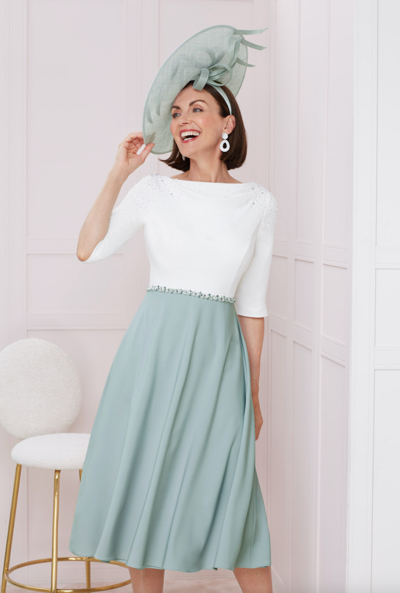 Ivory & Duckegg Dress with Cowl Neck and 3/4 Sleeve