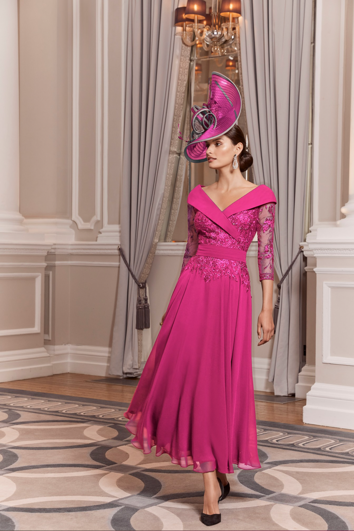 Fuchsia V-Neck Dress with Diamante Detail