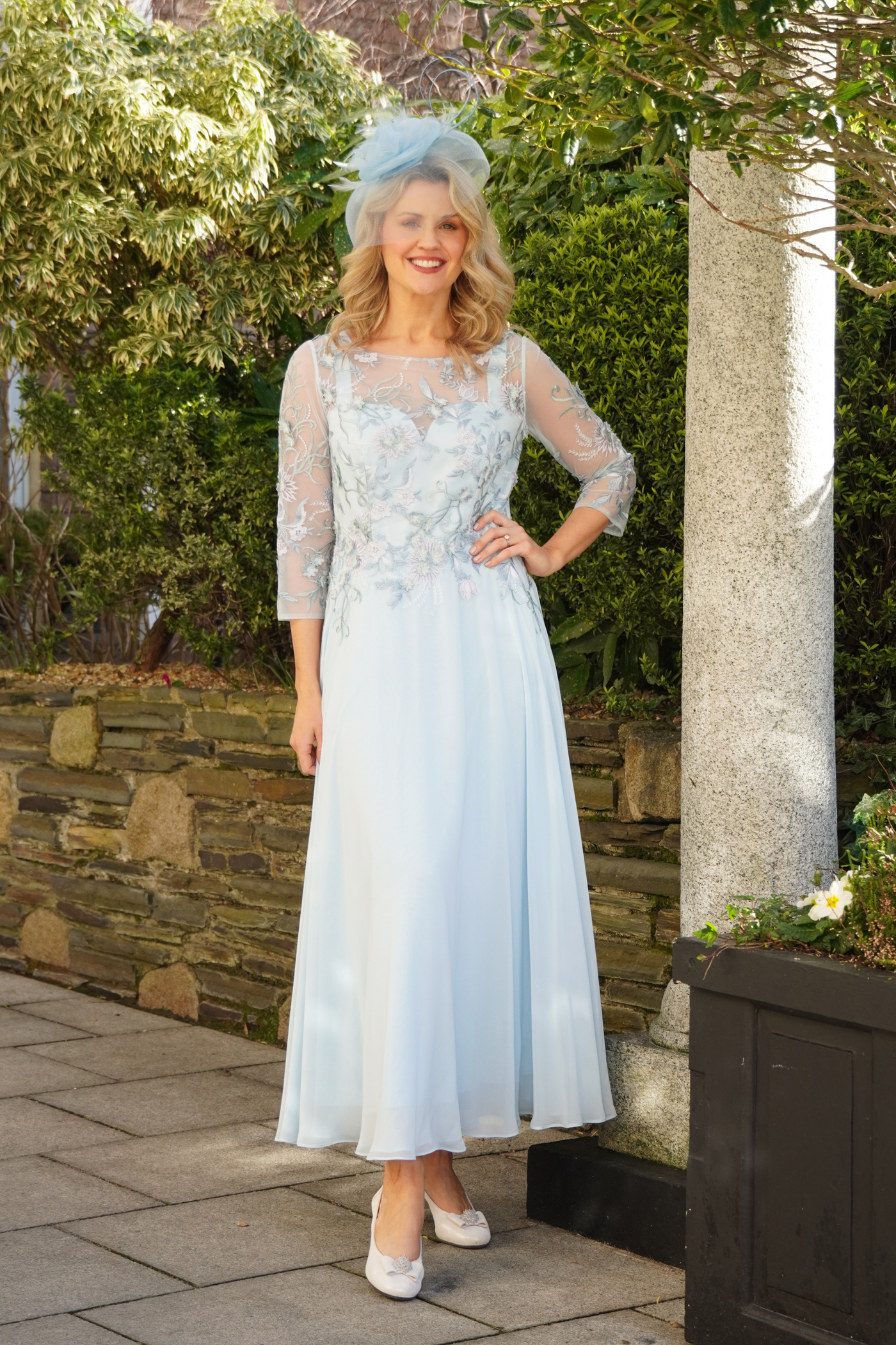 Light Blue Dress With Floral Embroiderd Detailing