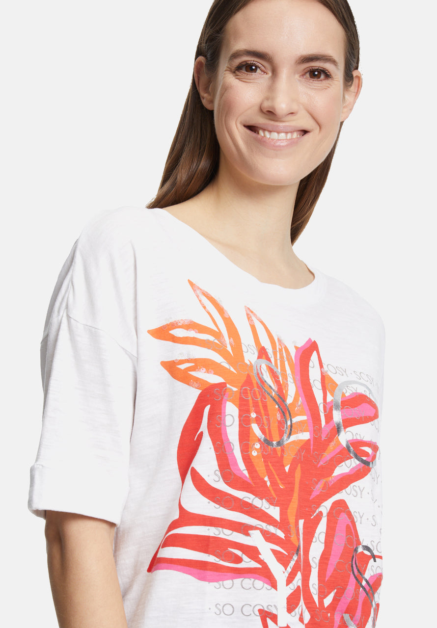 White Top with Round Neck and Graphic Print