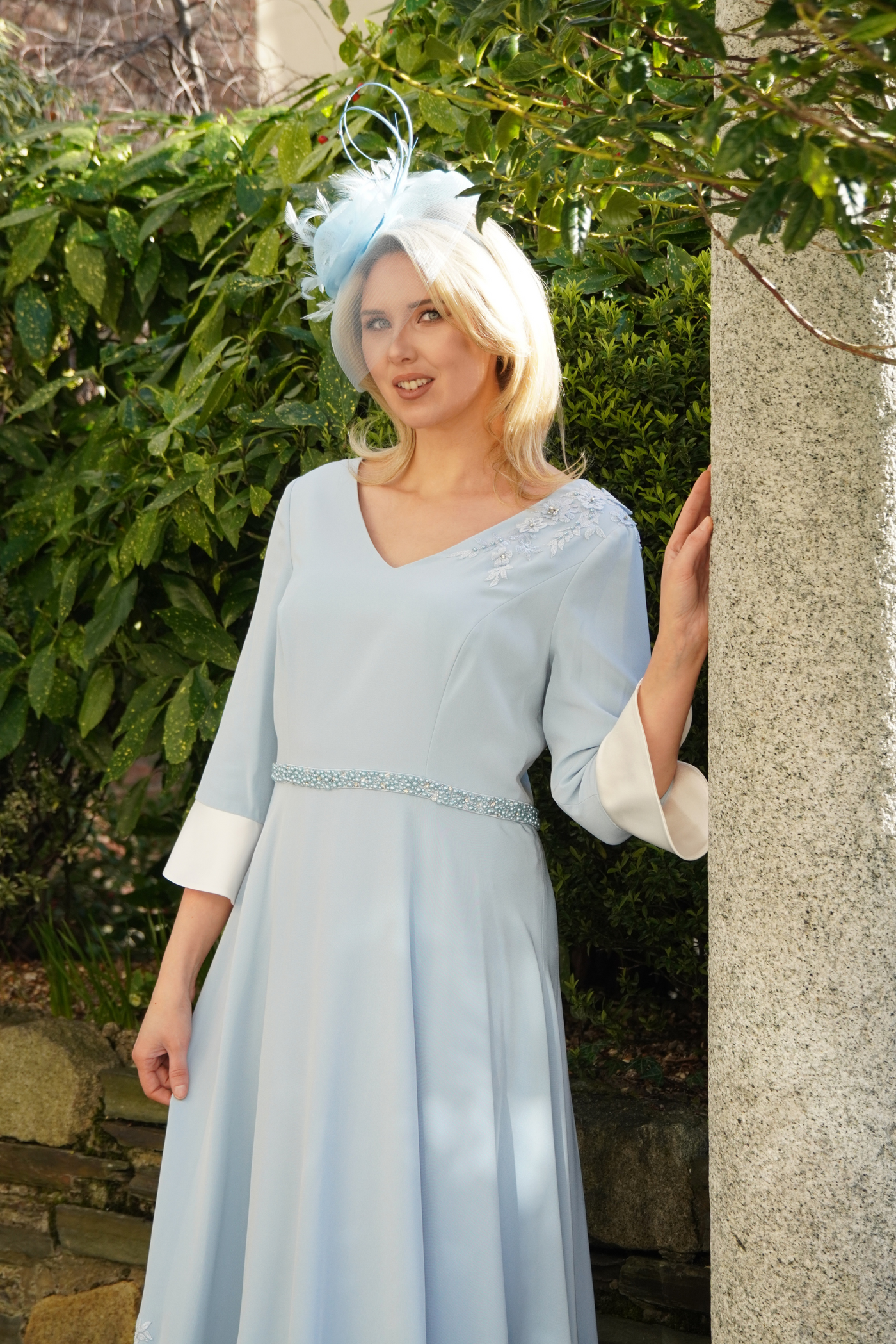 Light Blue and Ivory Dress with Diamante Belt Detail