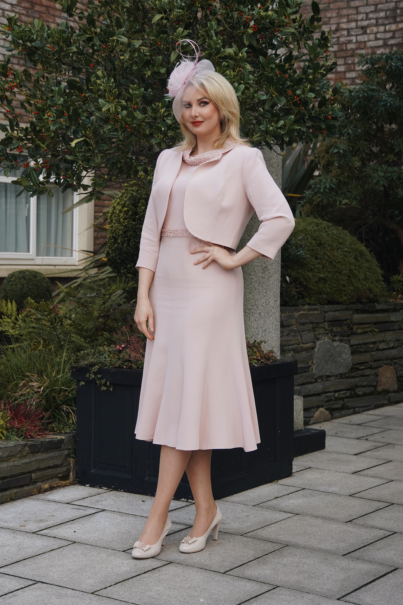 2 Piece Pink Bolero & Dress With Beaded Detail